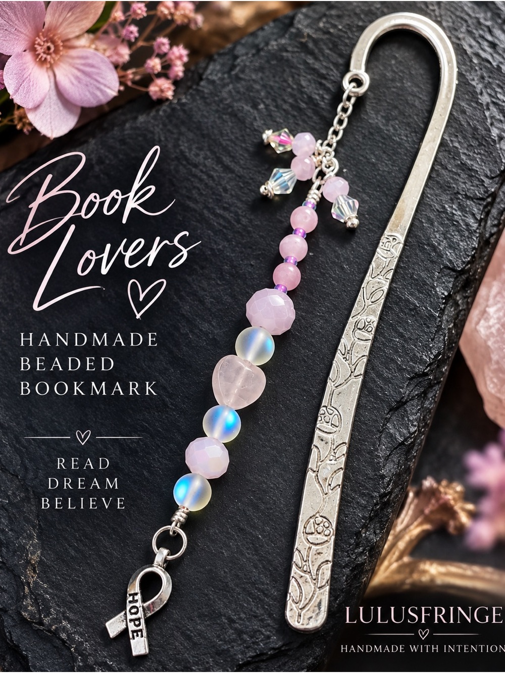 Artisan Rose Quartz and Pink glass Beaded Bookmark with Hope Charm